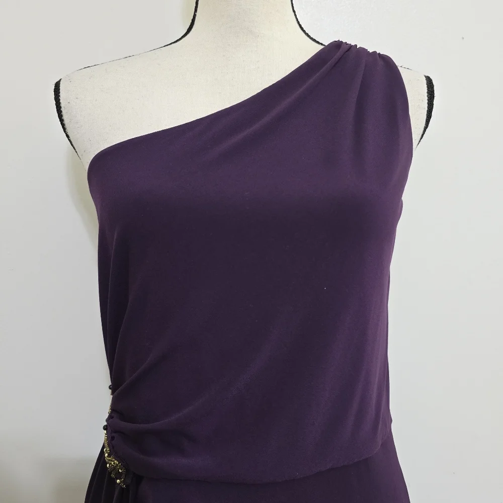 CALVIN KLEIN size 6 Stretch‎ Zip Ruched One Shoulder Embellished Dress Purple